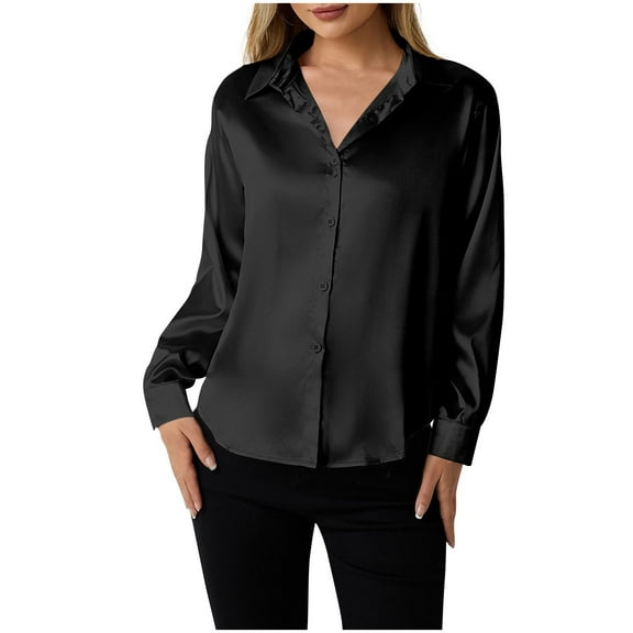 Mingw Silk Button Down Shirts Satin Blouses for Women Casual Long Sleeve Shirt Business Office Work Tunic Tops ,Black,L