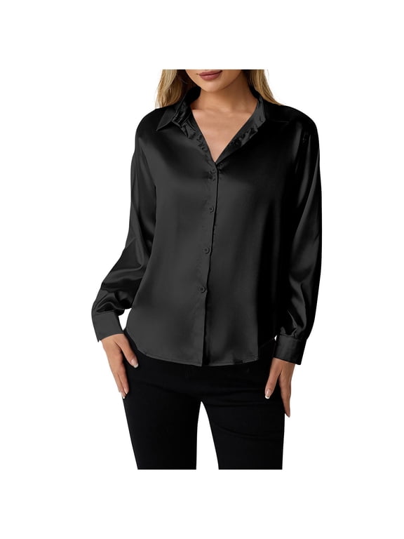 Silk Button Down Shirts Satin Blouses for Women Casual Long Sleeve Shirt Business Office Work Tunic Tops ,Black,L