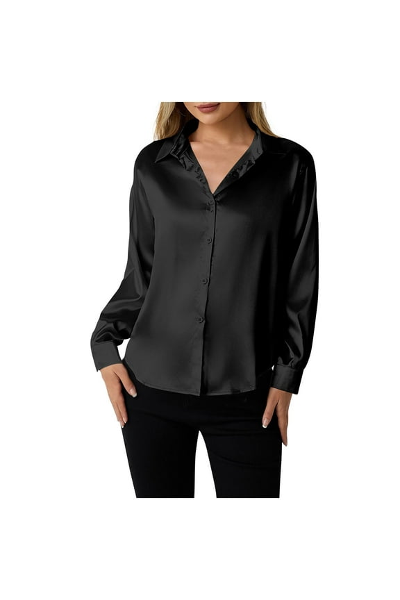 Silk Button Down Shirts Satin Blouses for Women Casual Long Sleeve Shirt Business Office Work Tunic Tops ,Black,L