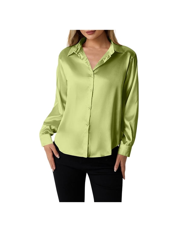 Silk Button Down Shirts Satin Blouses for Women Casual Long Sleeve Shirt Business Office Work Tunic Tops ,Green,2XL
