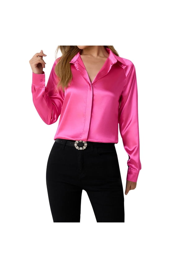 Silk Button Down Shirts Satin Blouses for Women Casual Long Sleeve Shirt Business Office Work Tunic Tops ,Hot Pink,M