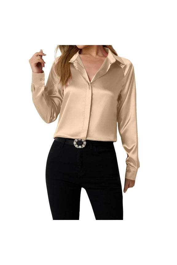Silk Button Down Shirts Satin Blouses for Women Casual Long Sleeve Shirt Business Office Work Tunic Tops ,Khaki,M