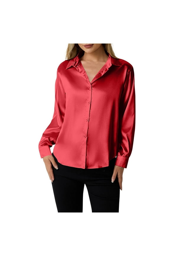 Silk Button Down Shirts Satin Blouses for Women Casual Long Sleeve Shirt Business Office Work Tunic Tops ,Red,2XL