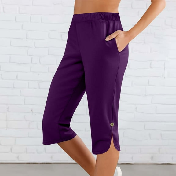 Mingw Slim Fit Capris Summmer Trousers Women Solid Color Elastic Waist Sports Casual Capris Pants With Side Pockets,Purple,2XL