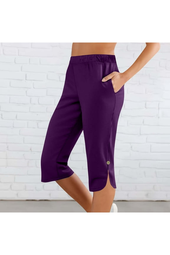 Slim Fit Capris Summmer Trousers Women Solid Color Elastic Waist Sports Casual Capris Pants With Side Pockets,Purple,2XL