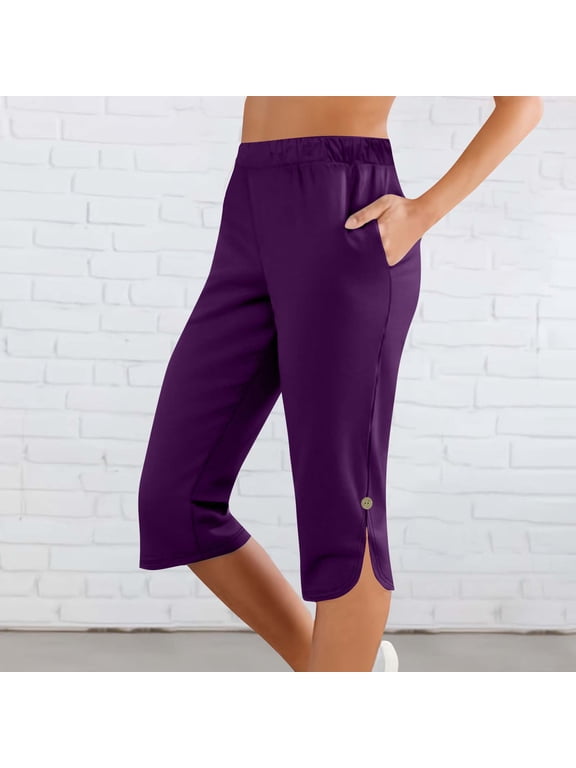 Slim Fit Capris Summmer Trousers Women Solid Color Elastic Waist Sports Casual Capris Pants With Side Pockets,Purple,XL