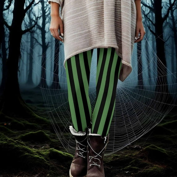 Mingw Striped Print Halloween Leggings for Women Sports Fitness Pants Casual Tight Fitting Yoga Pants Stretch Pants,Green,L