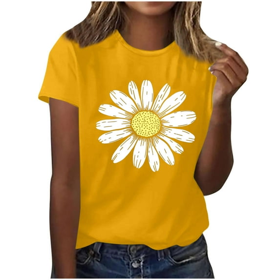 Mingw T Shirts for Women Sunflower Print T Shirt Round Neck Tee Summer Comfortable Fabric Tops for Women Blouse