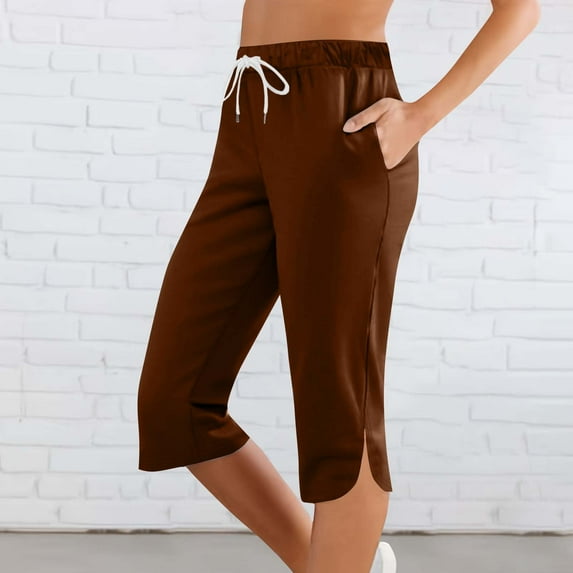 Mingw Vibrant Capris Chino Pants Women Solid Color Elastic Waist Sports Casual Capris Pants With Side Pockets,Coffee,L