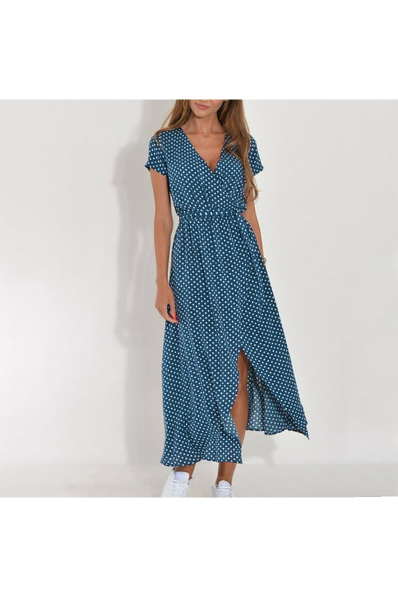 Wedding Guest Dress Summer New Women's European And-neck Printed Lace Up Dress Short Sleeved-neck And Ankle Dress