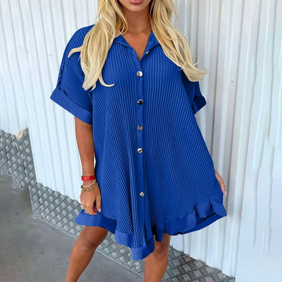 Mingw Wedding Guest Dress Women's Summer Sexy Fashion Solid Color Button Short Sleeve Turndown Collar Dress