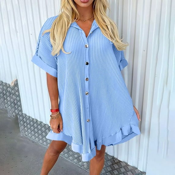 Mingw Wedding Guest Dress Women's Summer Sexy Fashion Solid Color Button Short Sleeve Turndown Collar Dress