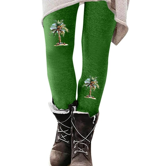 Mingw Women' Christmas Palm Tree Printed Bottoms Yoga pants Casual Thermal Activewear Running Pants Trousers,Green,L