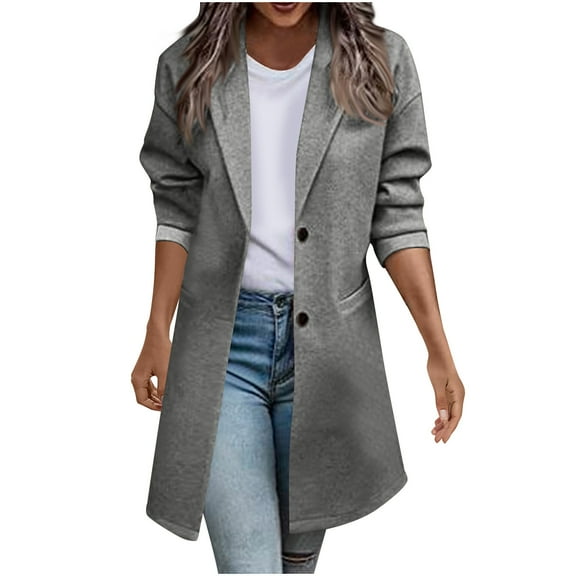Mingw Women's Fashionable Solid Color Woolen Coat Jacket Lapel Single Breasted Coat With Pockets,2XL,Gray