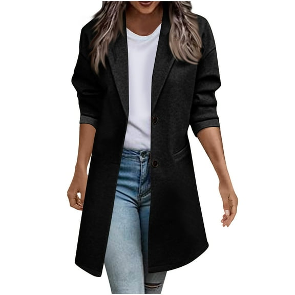 Mingw Women's Fashionable Solid Color Woolen Coat Jacket Lapel Single Breasted Coat With Pockets,S,Black