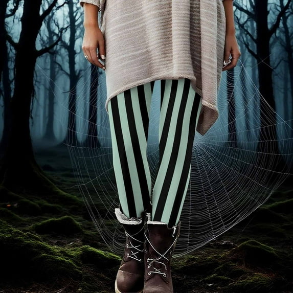 Mingw Women's Halloween Striped Print Leggings Tight Yoga Pants Stretch Pants Sports Fitness Pants Casual Tight Fitting Trousers,Light Blue,M
