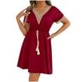 thumbnail image 1 of Mingw Womens Beach wear DressShort Sleeve Lace V Neck Shirt Dress Casual Ruffle Hem Solid Color Loose Mini Dresses S, 1 of 6