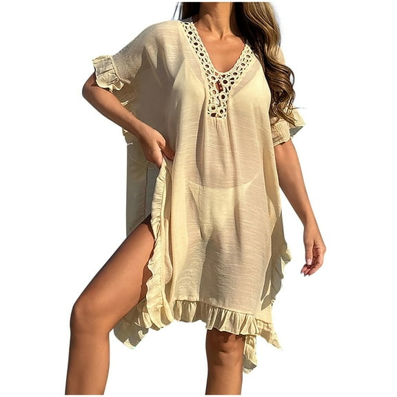 Mingw Womens Beach wear DressShort Sleeve Polo Shirt Dress Casual Ruffle Hem Solid Color Loose Mini Dresses Free Size