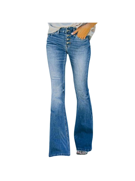 Womens Bootcut Jeans Flared Bootcut Jeans Pants Faded Color Women's High Waisted Jeans Wide Leg Button Fly Bell Bottoms ,Blue,S