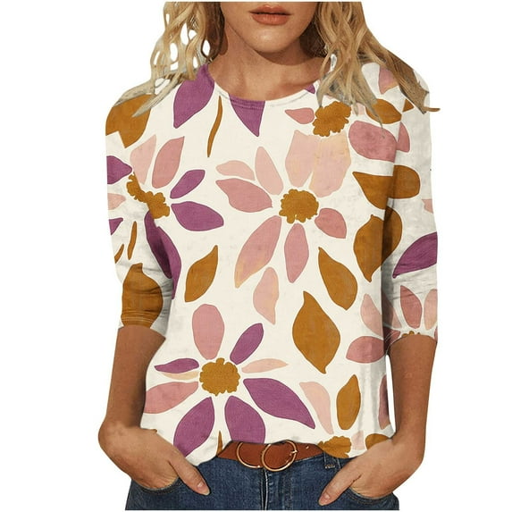 Mingw Womens Clothes for Fall Season Women Vacation Style Floral Leisure Print Round Neck Three Quarter Sleeve 3/4 Sleeve T-shirt Loose