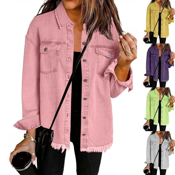 Mingw Womens Colored Denim Shirts Button Down Shirts Long Sleeve Lightweight Jacket with Raw edge ,S