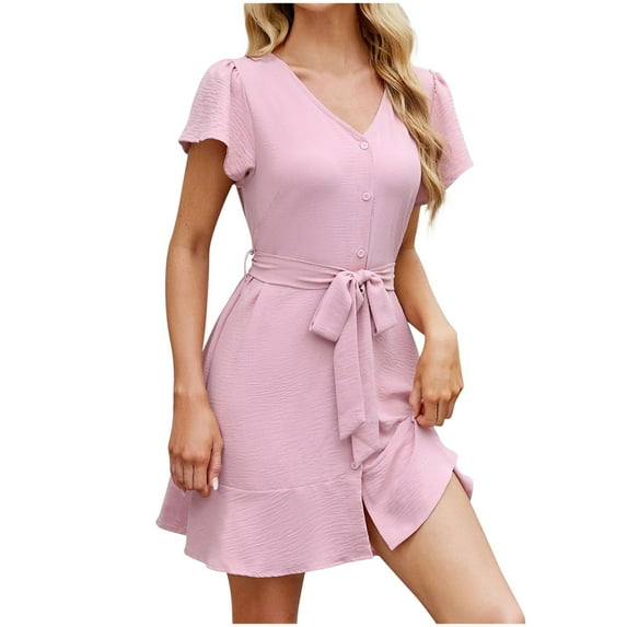 Mingw Womens Cozy Shirt SkirtsSkin Friendly Chiffon Short Sleeve V Neck Shirt Dress Button Up Casual Belted Dress Solid Color Loose Mini Dresses XXL