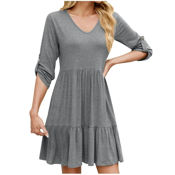 Mingw Womens Cozy Shirt SkirtsSkin Friendly Cotton Long Adjustable Sleeve V Neck Shirt Dress Casual Ruffle Hem Solid Color Loose Mini Dresses S