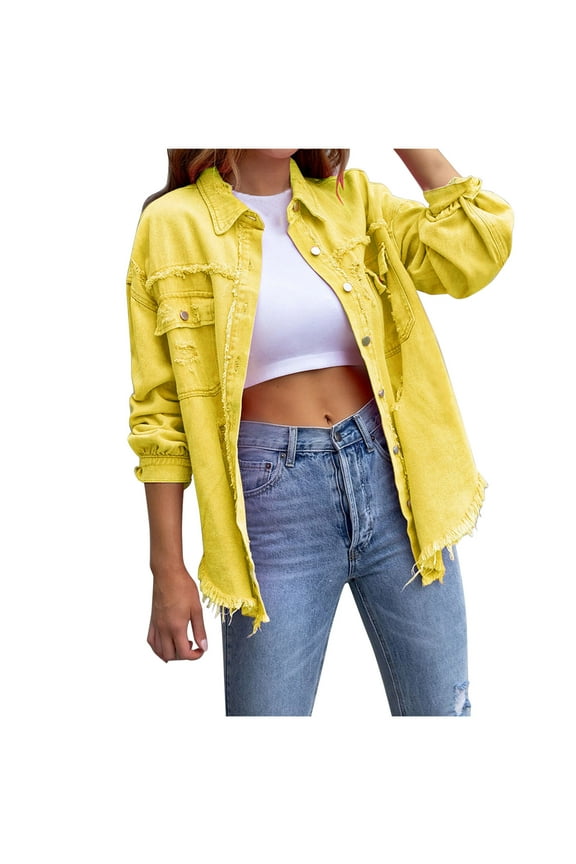 Womens Denim Vibrant Colored Shacket Button Down Shirts Long Sleeve Distressed Boyfriend Blouses,S