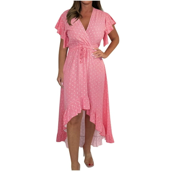 Mingw Womens Dress Casual Vacation Style V Neck Printed Ruffle Sleeve Ruffle Dresses Irregulate Hem Beach Boho Dress XXL