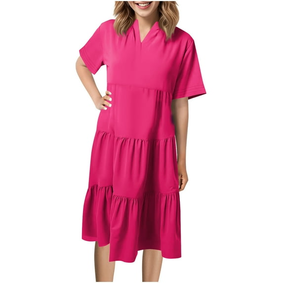Mingw Womens Dress Short Sleeve Polo Shirt Dress Casual Ruffle Hem Solid Color Loose Mini Dresses XL