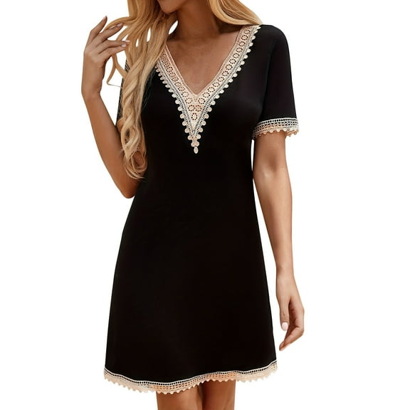 Mingw Womens Elegant dressShort Sleeve Lace V Neck Shirt Dress Casual Ruffle Hem Solid Color Loose Mini Dresses XL