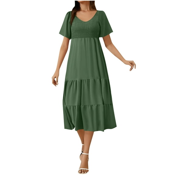 Mingw Womens Elegant dressSummer Maxi Dress Casual Wear To Work Crew Tie Front Neck Flutter Short Sleeve Smocked Ruffle Flowy Beach Boho Long Floral Dress S