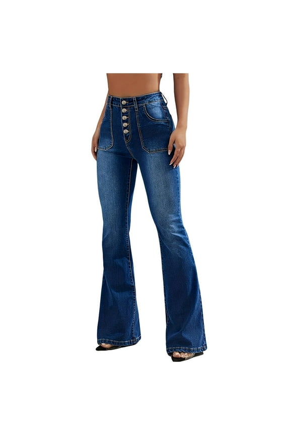 Womens Flare Jeans High Waisted Bootcut Jeans Wide Leg Button Fly Bell Bottoms Flared Denim Pants ,Blue,2XL