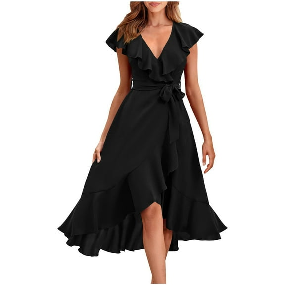 Mingw Womens Graduation Dresses Ruffle V Neck Summer Dress for Women Casual Dressy Waist Cinching Wedding Guest Dress ,L,Black