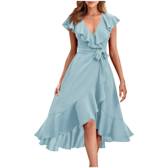 Mingw Womens Graduation Dresses Ruffle V Neck Summer Dress for Women Casual Dressy Waist Cinching Wedding Guest Dress ,S,Light Blue