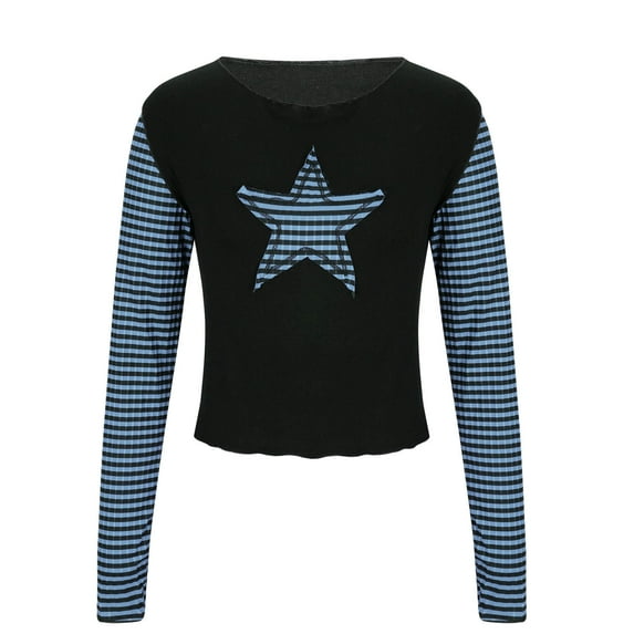 Mingw Womens L Ringer Blocking Colored Crewneck Graphic Long Sleeve Pullover Tops Casual Fall Outfits