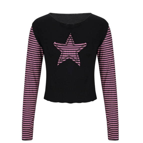 Mingw Womens L Ringer Blocking Colored Crewneck Graphic Long Sleeve Pullover Tops Casual Fall Outfits