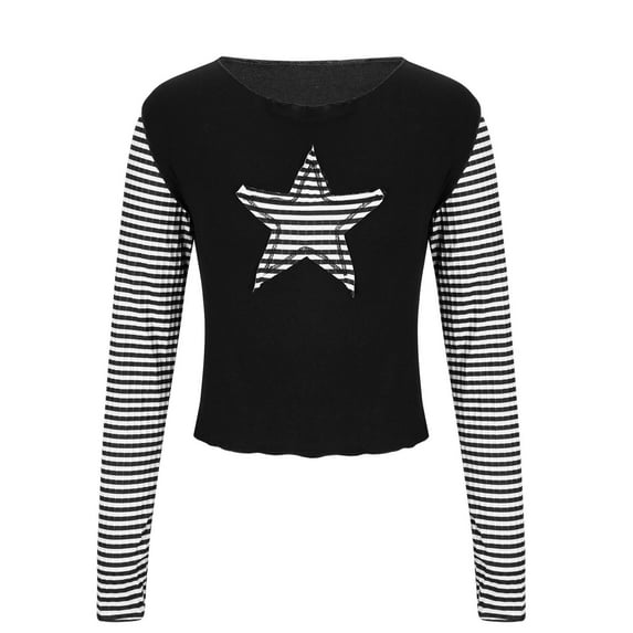 Mingw Womens L Ringer Blocking Colored Crewneck Graphic Long Sleeve Pullover Tops Casual Fall Outfits