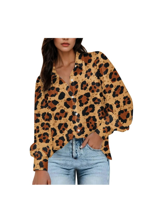 Womens Leopard Shirts Button Down Printed Long Sleeve Blouse Fashionable Casual Tops for Fall Season,Brown,M