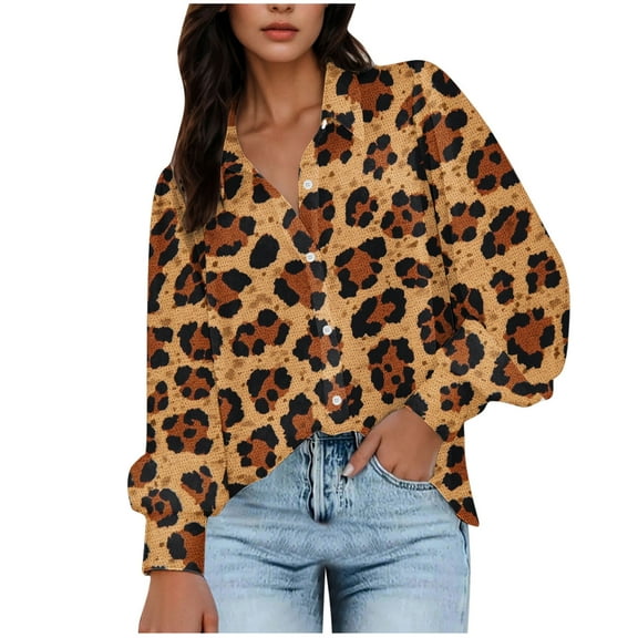Mingw Womens Leopard Shirts Button Down Printed Long Sleeve Blouse Fashionable Casual Tops for Fall Season,Brown,XL