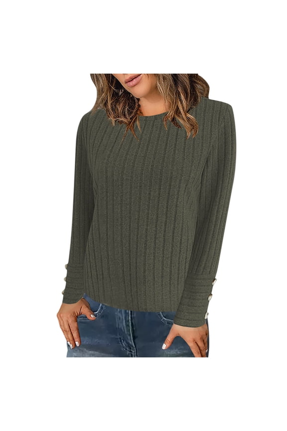 Womens Long Sleeve Knitted T Shirt Round Neck Ribbed Loose Fit Cozy
