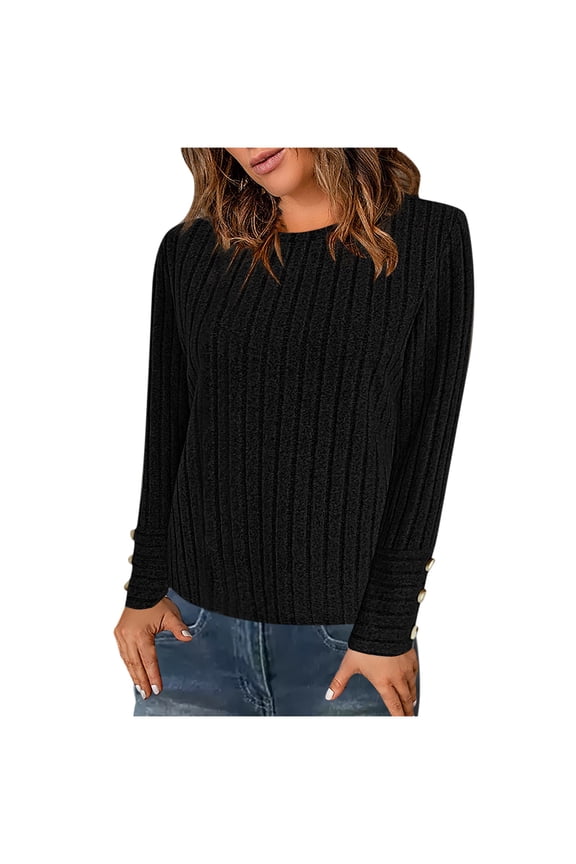 Womens Long Sleeve Knitted T Shirt Round Neck Ribbed Loose Fit Cozy