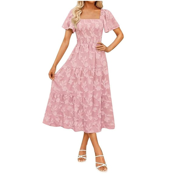 Mingw Womens Longer DressDresses Floral Flutter Short Sleeve Maxi Dress Sexy Scoop Neck Ruffle Hem Fitted Waist Dress Flowy Beach Dresses M