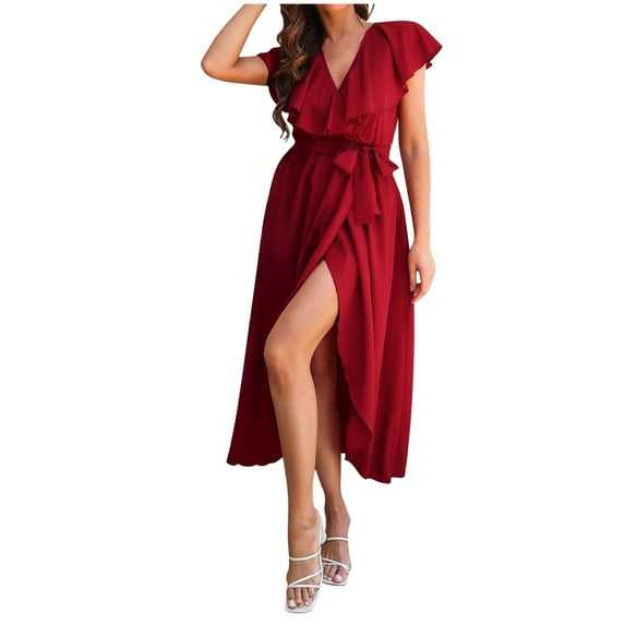 Mingw Womens Maxi Dresses Cap Sleeve Long High Side Slit Casual Dresses Loose Plain Elegant Flowy Wedding Guest Dress ,M,Red