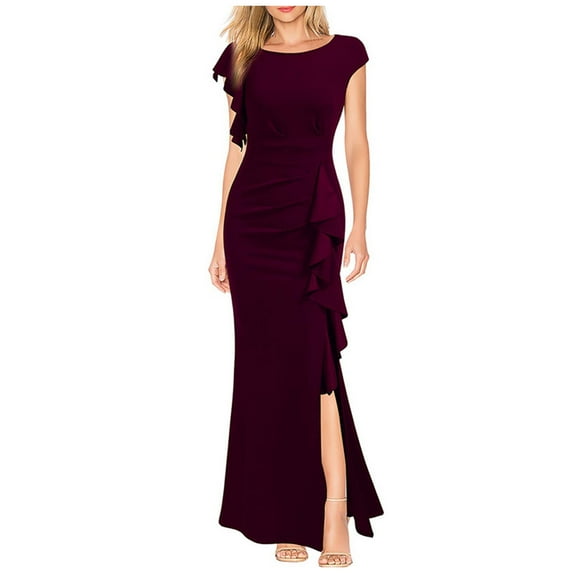 Mingw Womens Maxi Dresses Cap Sleeve Long High Side Slit Casual Dresses Loose Plain Elegant Flowy Wedding Guest Dress ,M,Wine