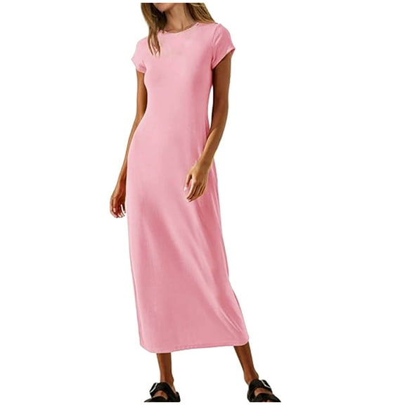 Mingw Womens Maxi Dresses Cap Sleeve Long High Side Slit Casual Dresses Loose Plain Elegant Flowy Wedding Guest Dress ,S,Pink