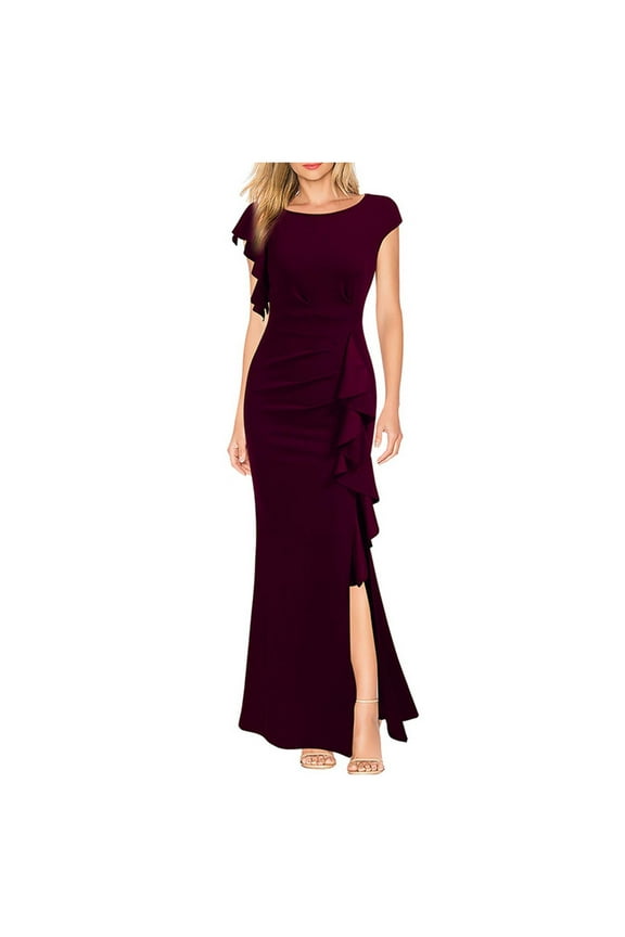 Womens Maxi Dresses Cap Sleeve Long High Side Slit Casual Dresses Loose Plain Elegant Flowy Wedding Guest Dress ,S,Wine