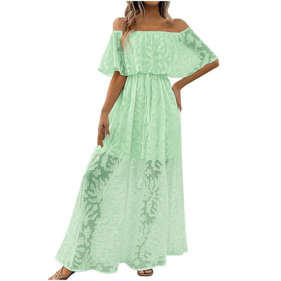 Mingw Womens Maxi Dresses Off the Shoulder Ruffle Long Casual Dresses Loose Plain Elegant Flowy Wedding Guest Dress ,M,Green
