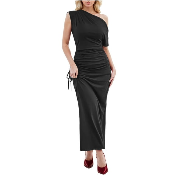 Mingw Womens Maxi Dresses One Shoulder Long Casual Dresses Slim Fit Pleated Ribbed Plain Elegant Flowy Wedding Guest Dress ,L,Black