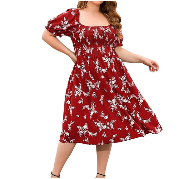 Mingw Womens Maxi Dresses Puff Sleeve Long Loose Fit Casual Dresses Square Neck Floral Elegant Flowy Wedding Guest Dress ,3XL,Red